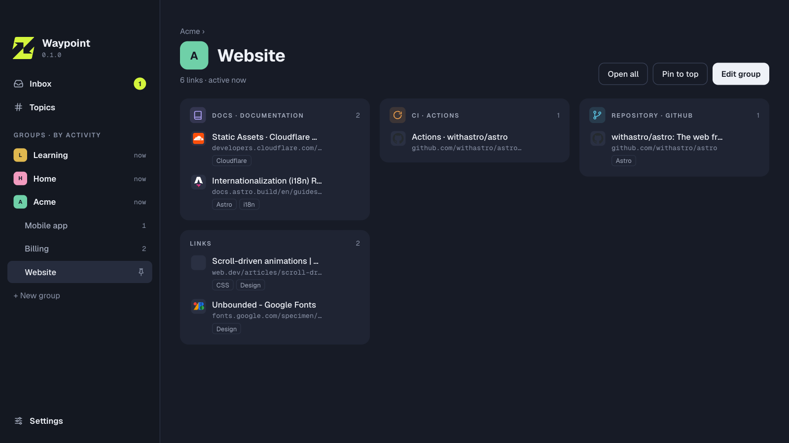 Waypoint desktop window with a group of links